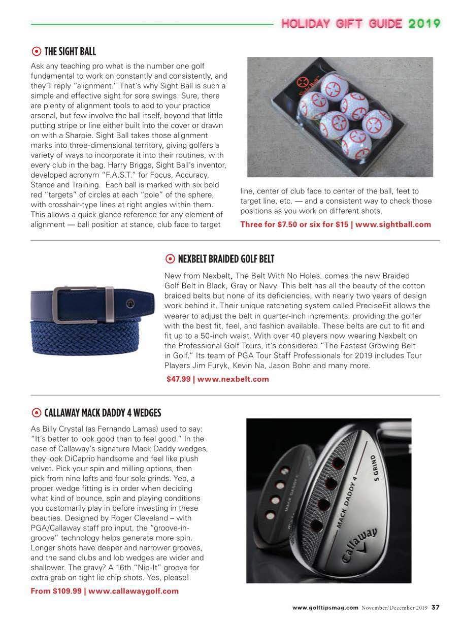 A screenshot of a Golf Tips Magazine gift guide with the Nexbelt Braided Golf Belt in the middle of the page