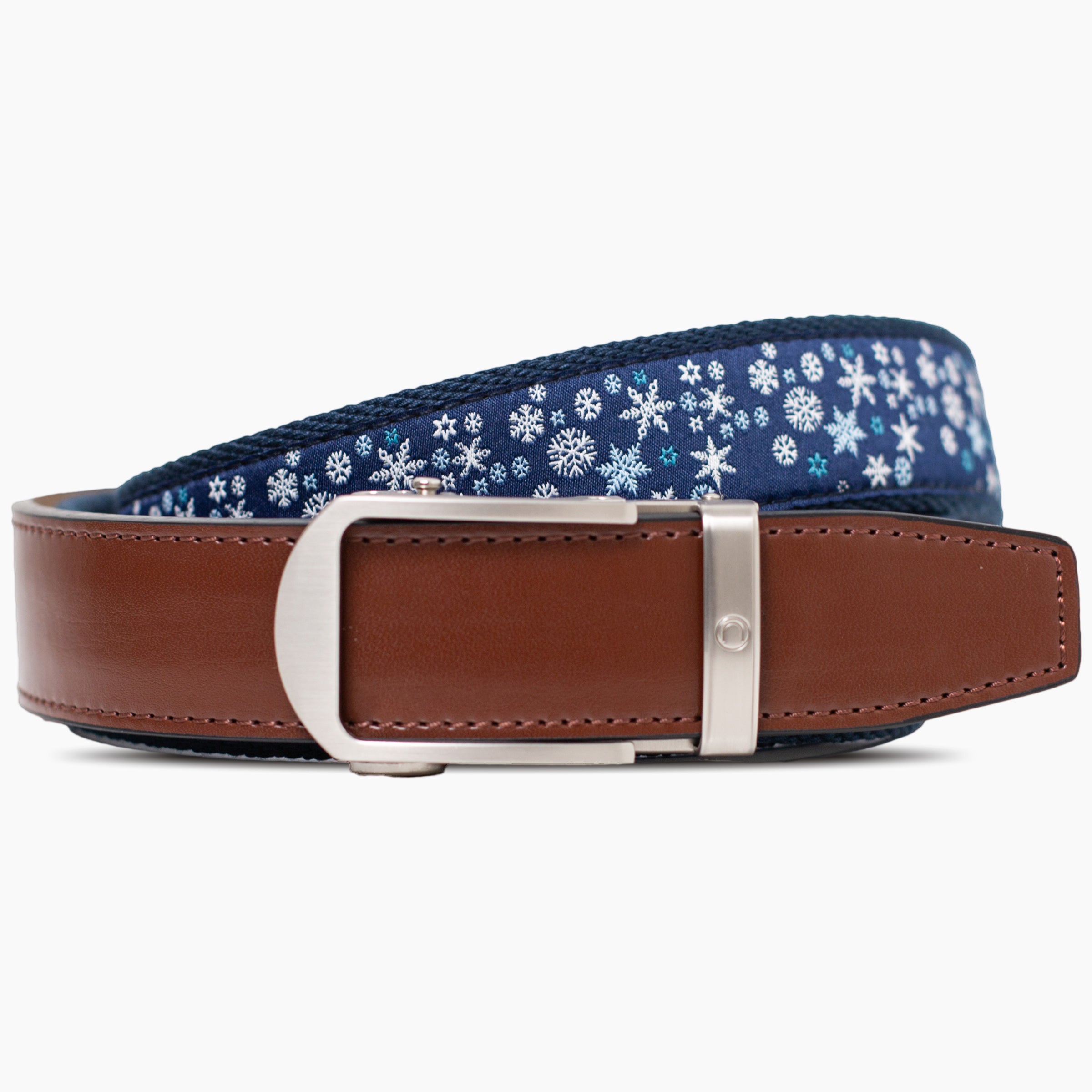 Navy Nexbelt ratchet belt with polished metal buckle