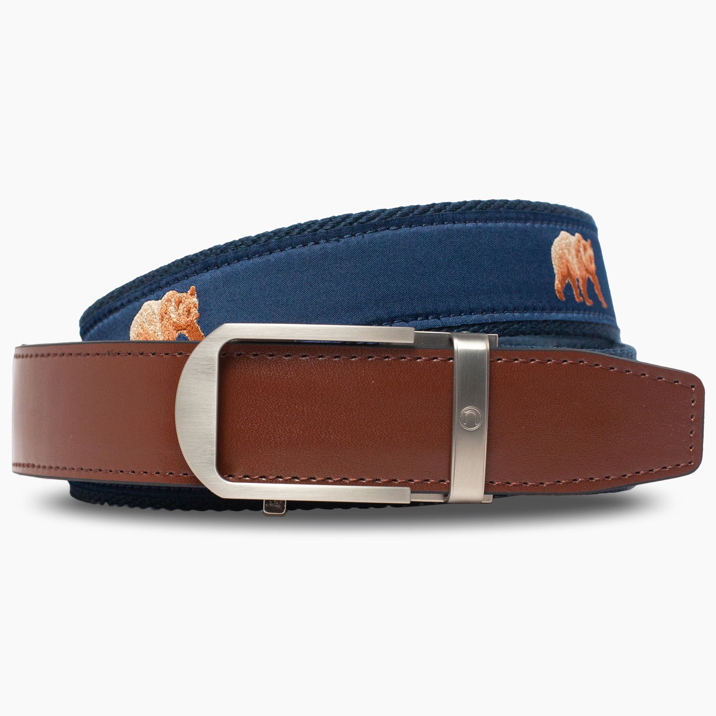 Grizzly Navy outdoor ribbon ratchet belt with bear embroidery