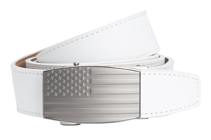 USA Embossed Pewter Flag, 1 3/8" Strap, White Golf Belt