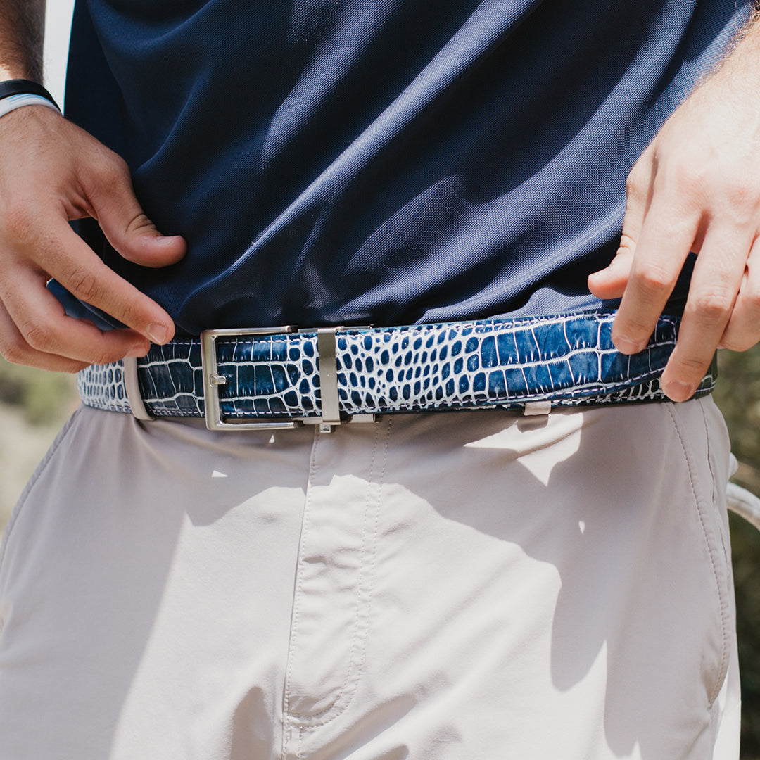 Kayiman Navy w/White Ratchet Belt 1.575" [40mm]