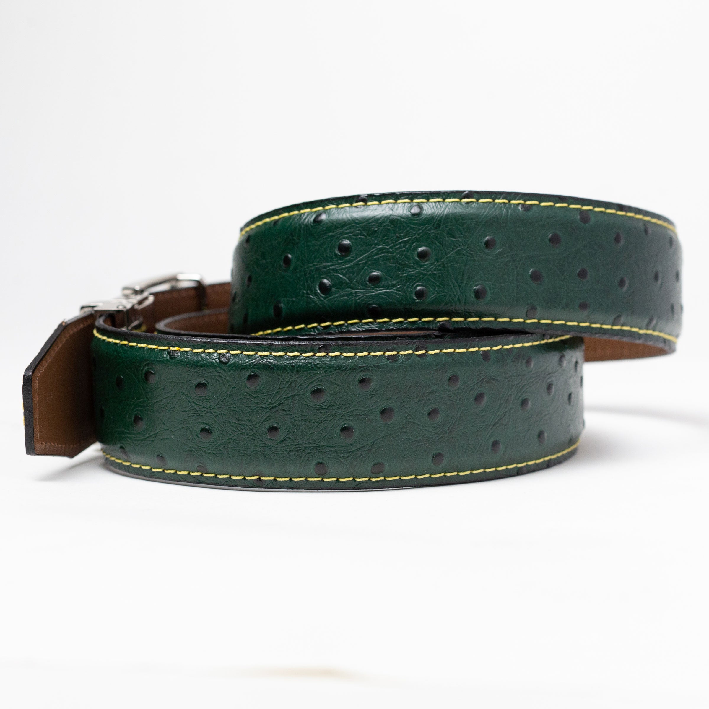 Ostrich Emerald Green w/ Yellow Thread Ratchet Belt 1.575" [40mm]