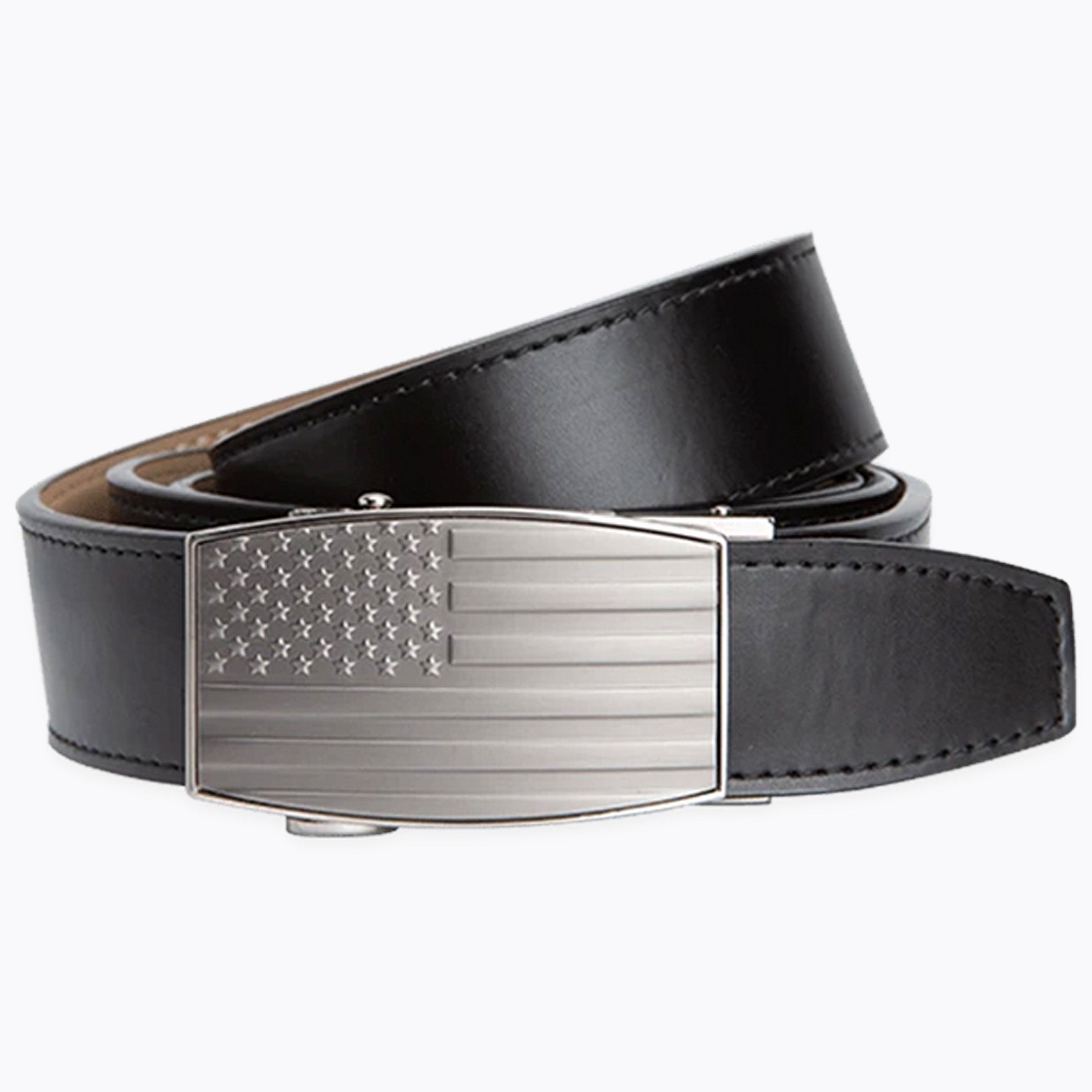 USA Embossed Pewter Flag, 1 3/8" Strap, Black Golf Ratchet Belt